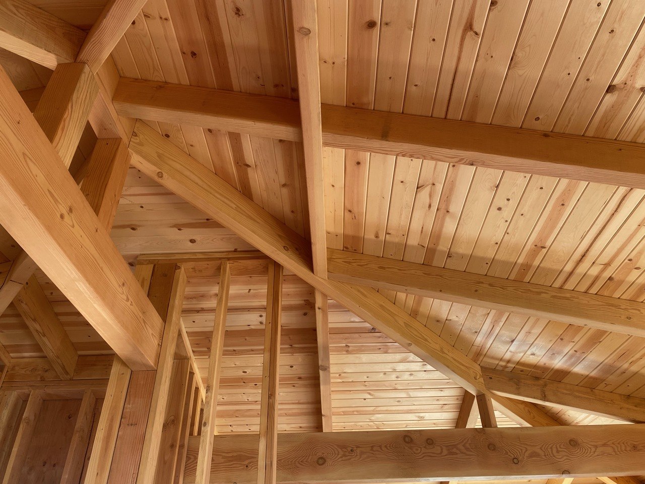 Exposed Douglas fir timber-frame ceiling with tongue-and-groove decking
